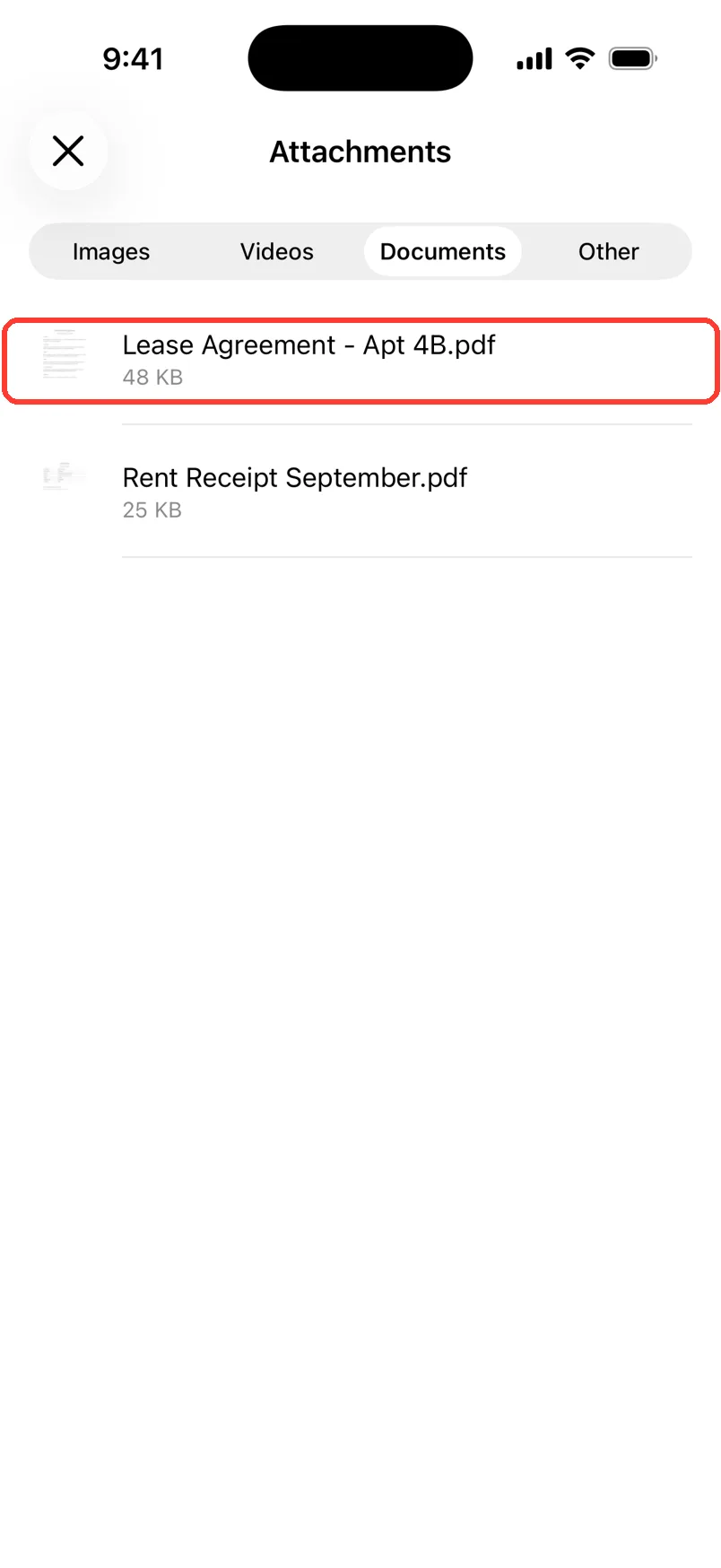 The Documents tab with Lease Agreement - Apt 4B.pdf highlighted and Rent Receipt September.pdf below it