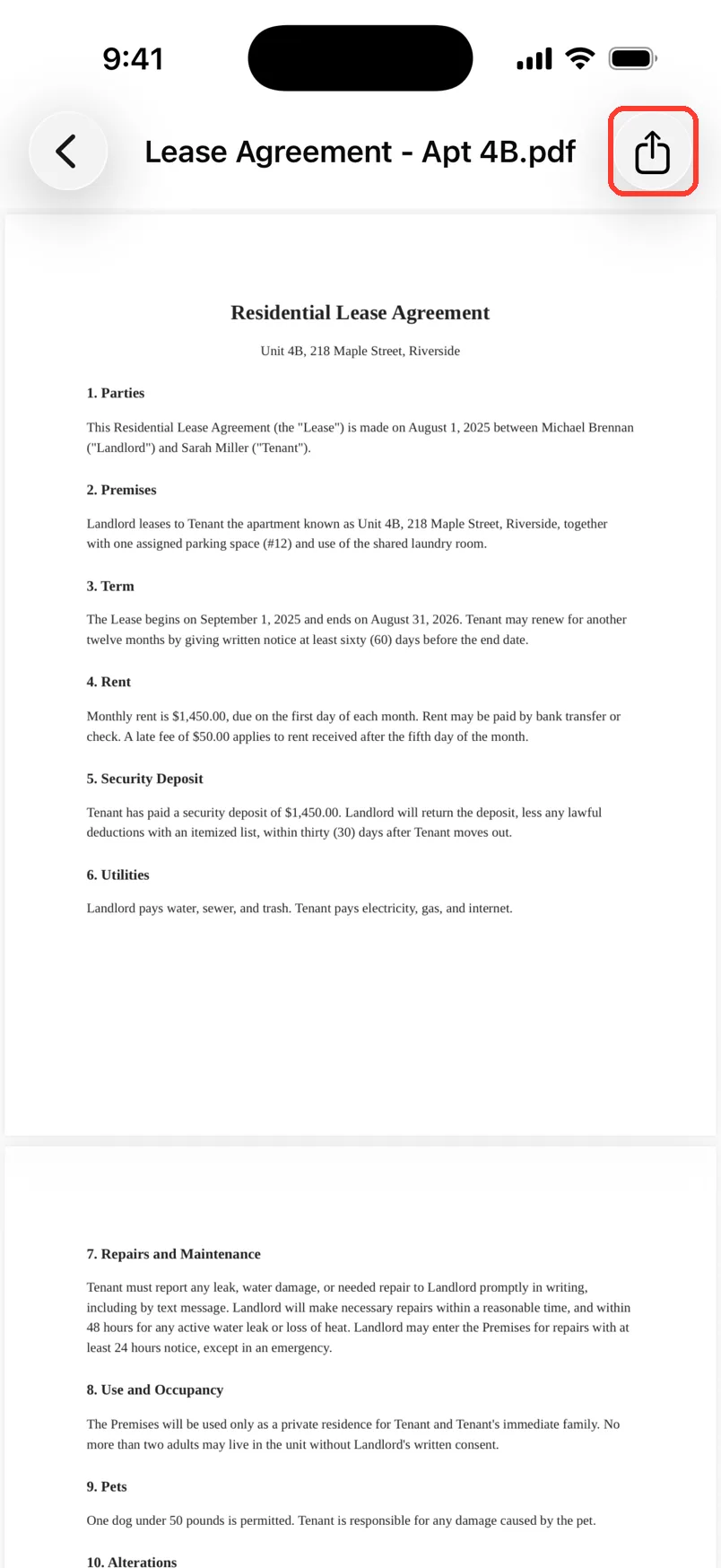 The lease PDF open full screen, with the Share button highlighted