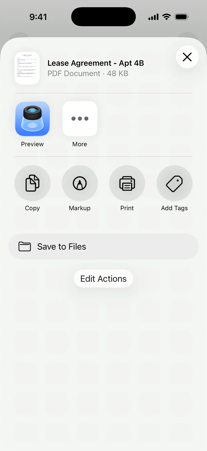 The iPhone share sheet for the lease with Copy, Markup, Print, and Save to Files