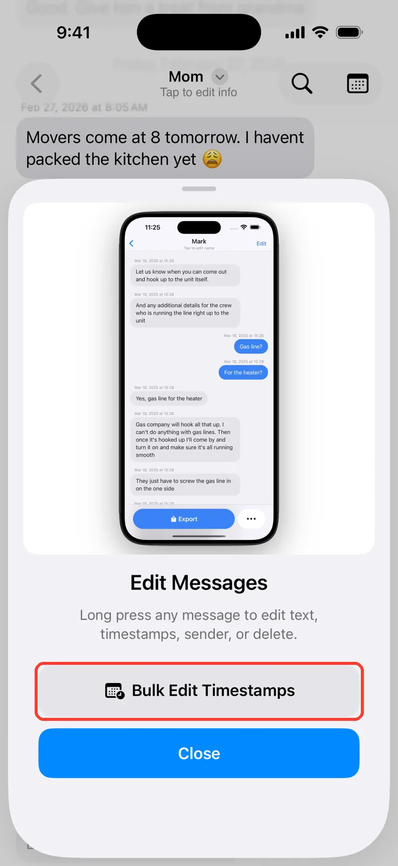 The Edit Messages sheet with Bulk Edit Timestamps highlighted