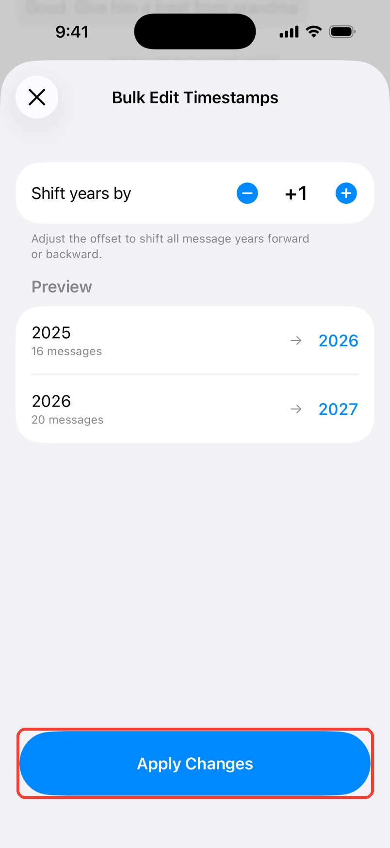 The preview showing 2025 moving to 2026 and 2026 moving to 2027, with Apply Changes highlighted