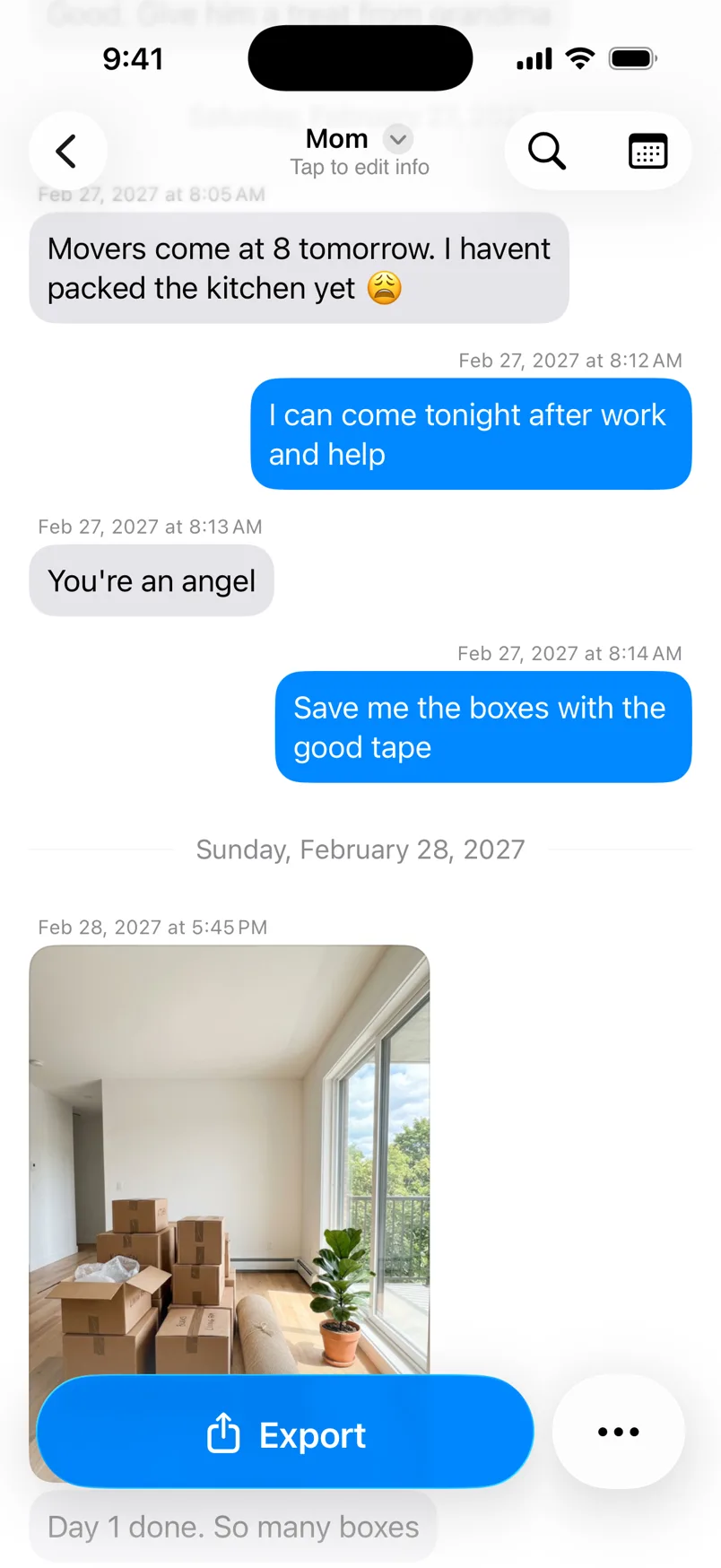 The chat with Mom, now showing dates in February 2027