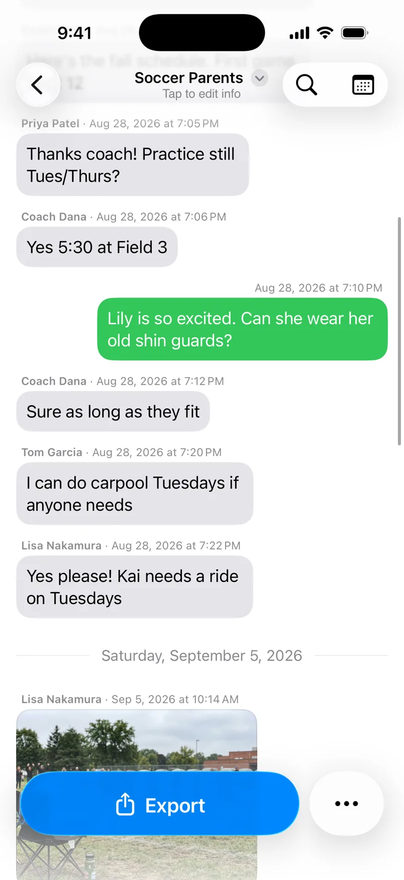 The Soccer Parents group chat in TextPort. Sarah Miller's message is on the right in green