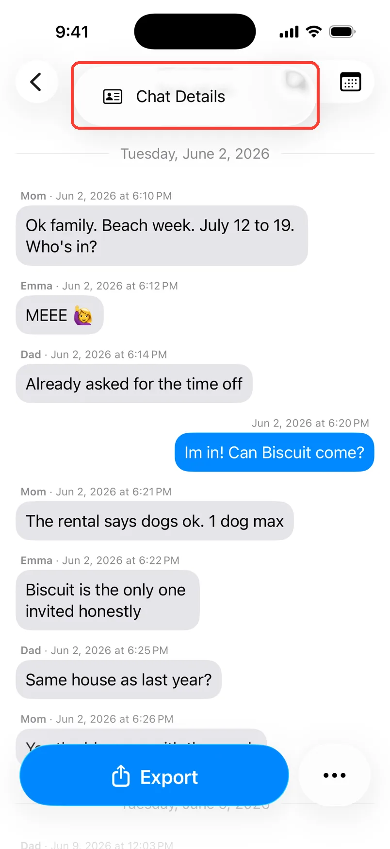 A small menu under the chat name with Chat Details highlighted