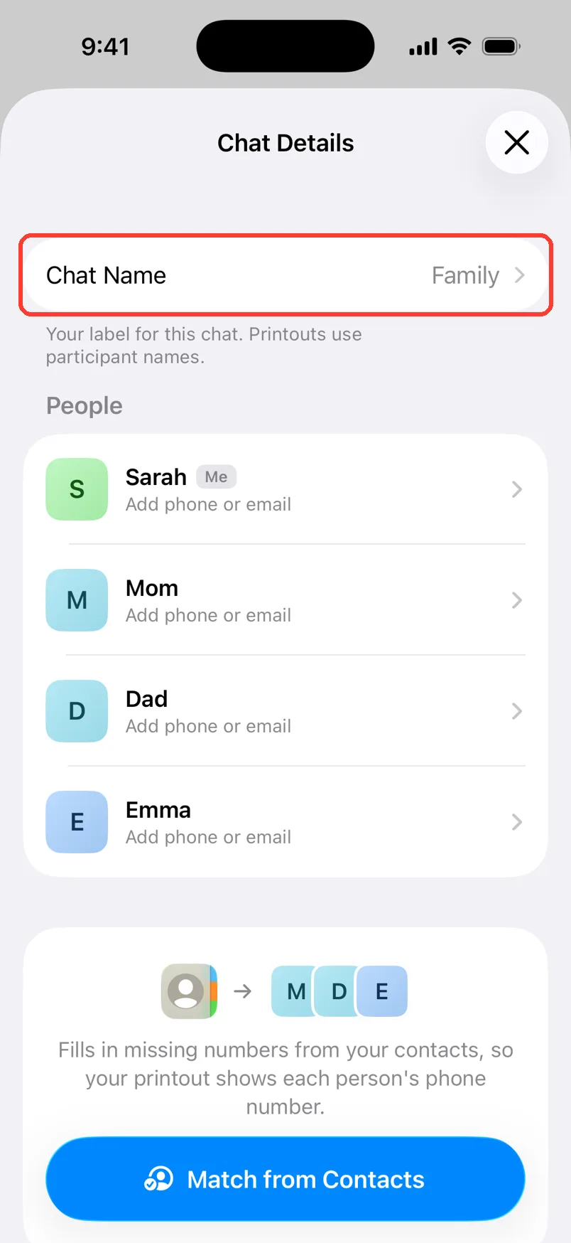 The Chat Details screen with the Chat Name row and the people Sarah, Mom, Dad, and Emma
