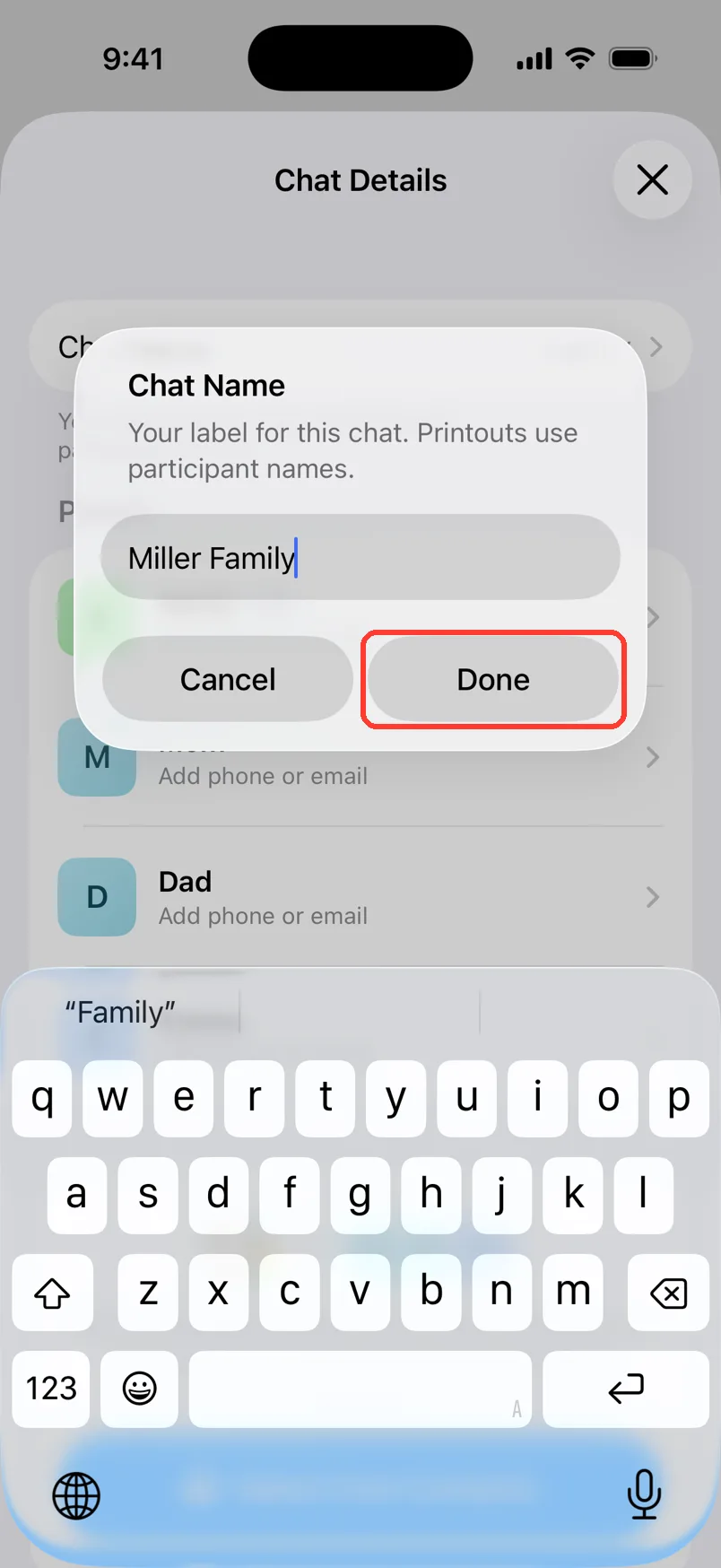 The Chat Name box with Miller Family typed in and Done highlighted