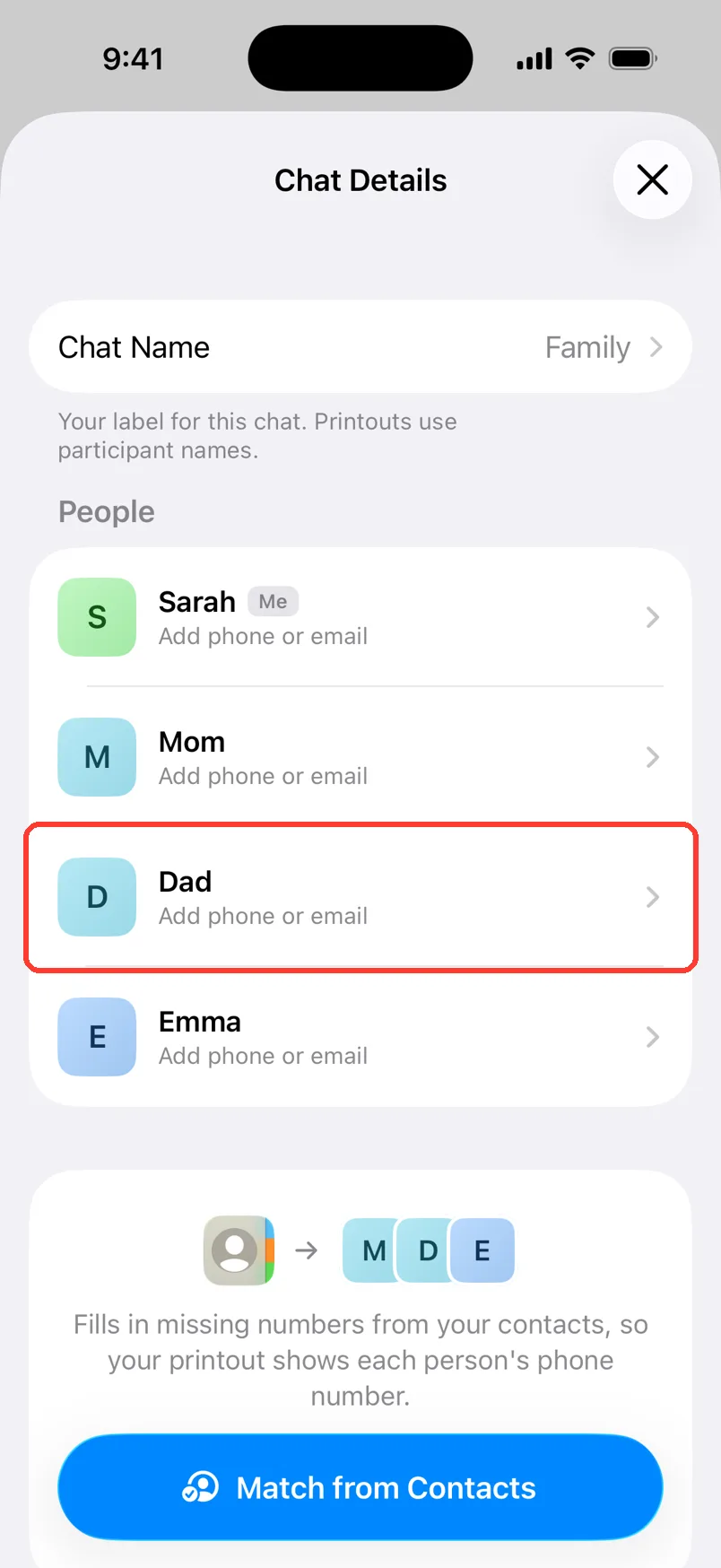 The People list with Dad highlighted