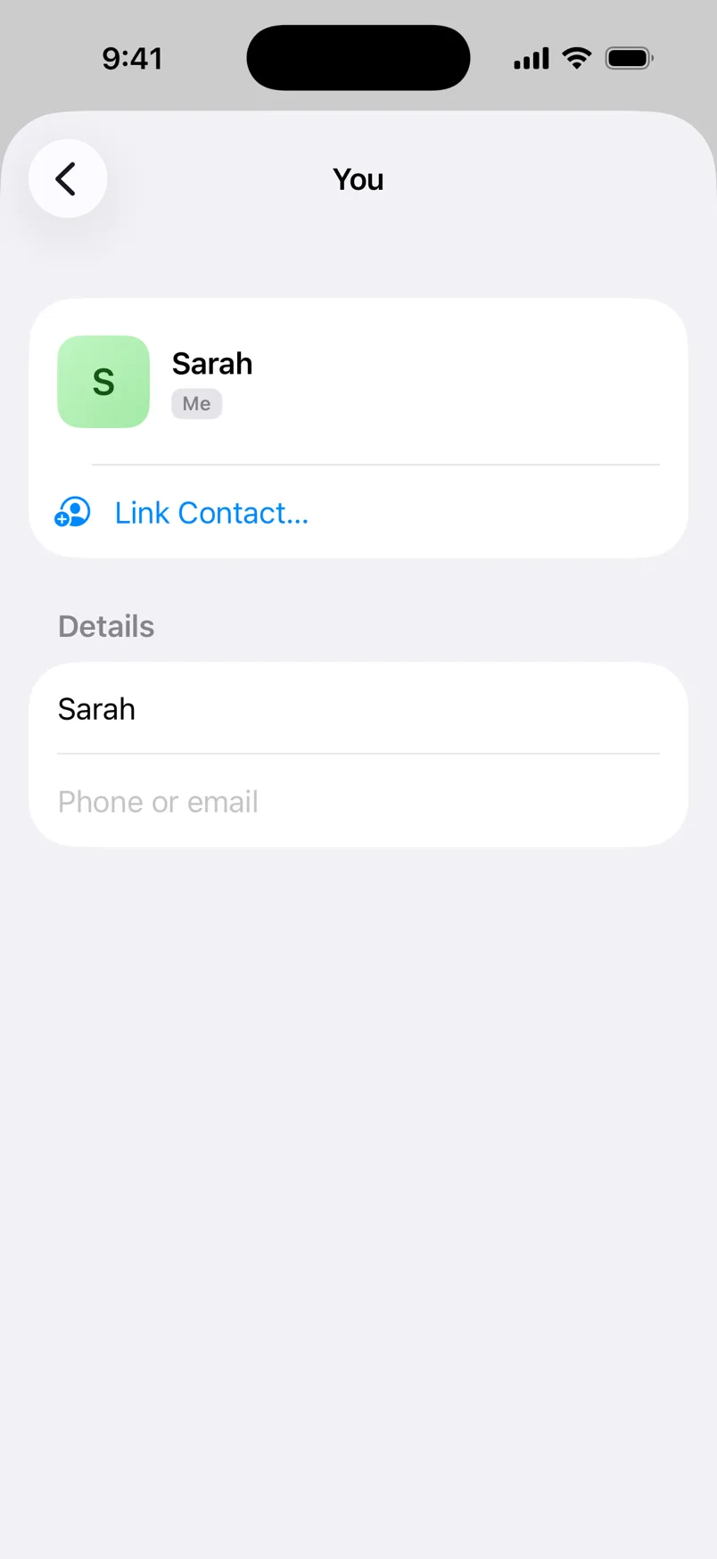 The You screen with the name Sarah and a Me tag