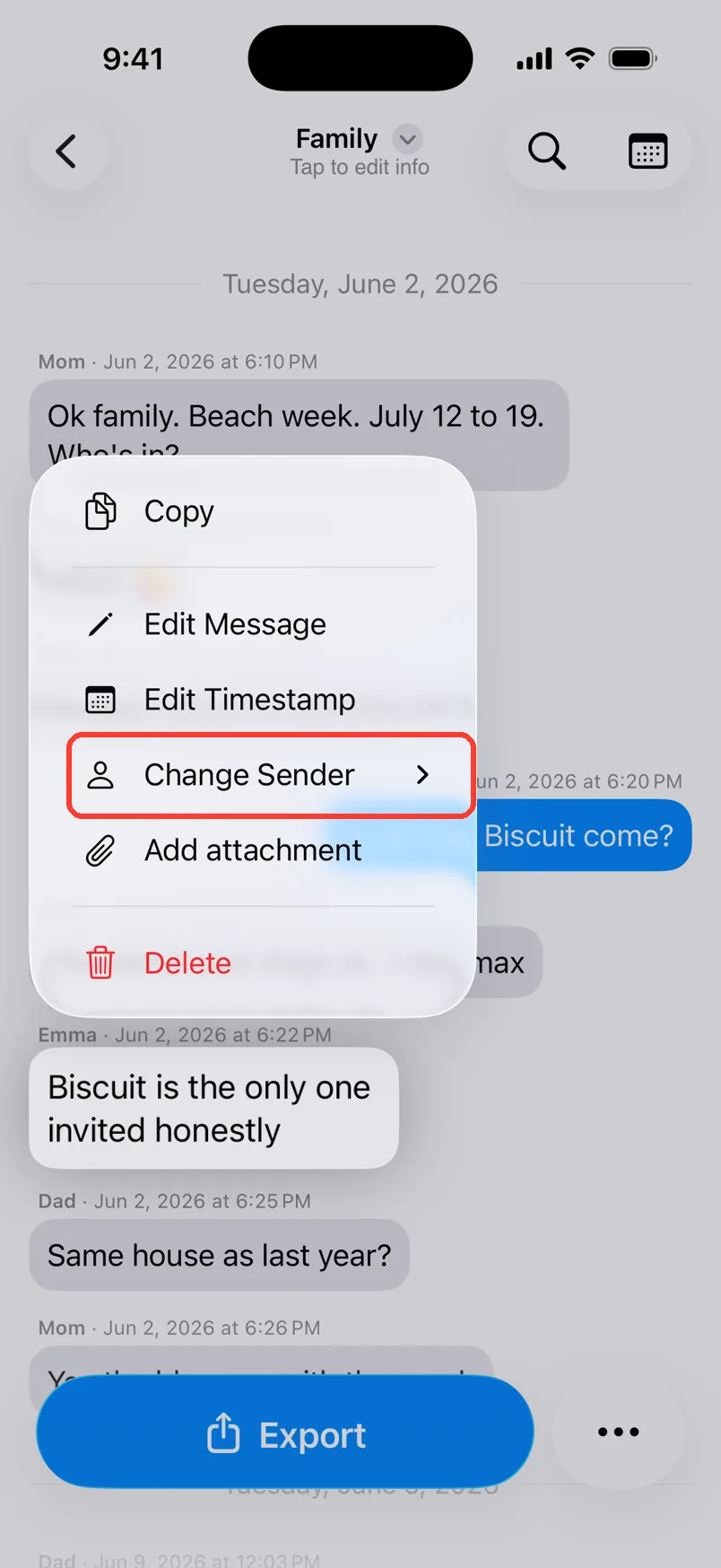 The long press menu on a message from Emma, with Change Sender highlighted