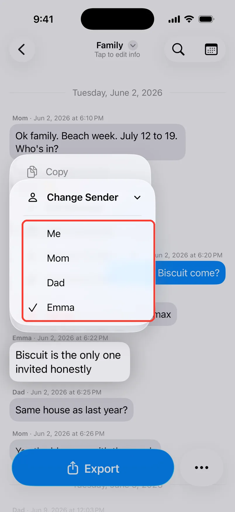 The Change Sender list with Me, Mom, Dad, and Emma. Emma has a check mark