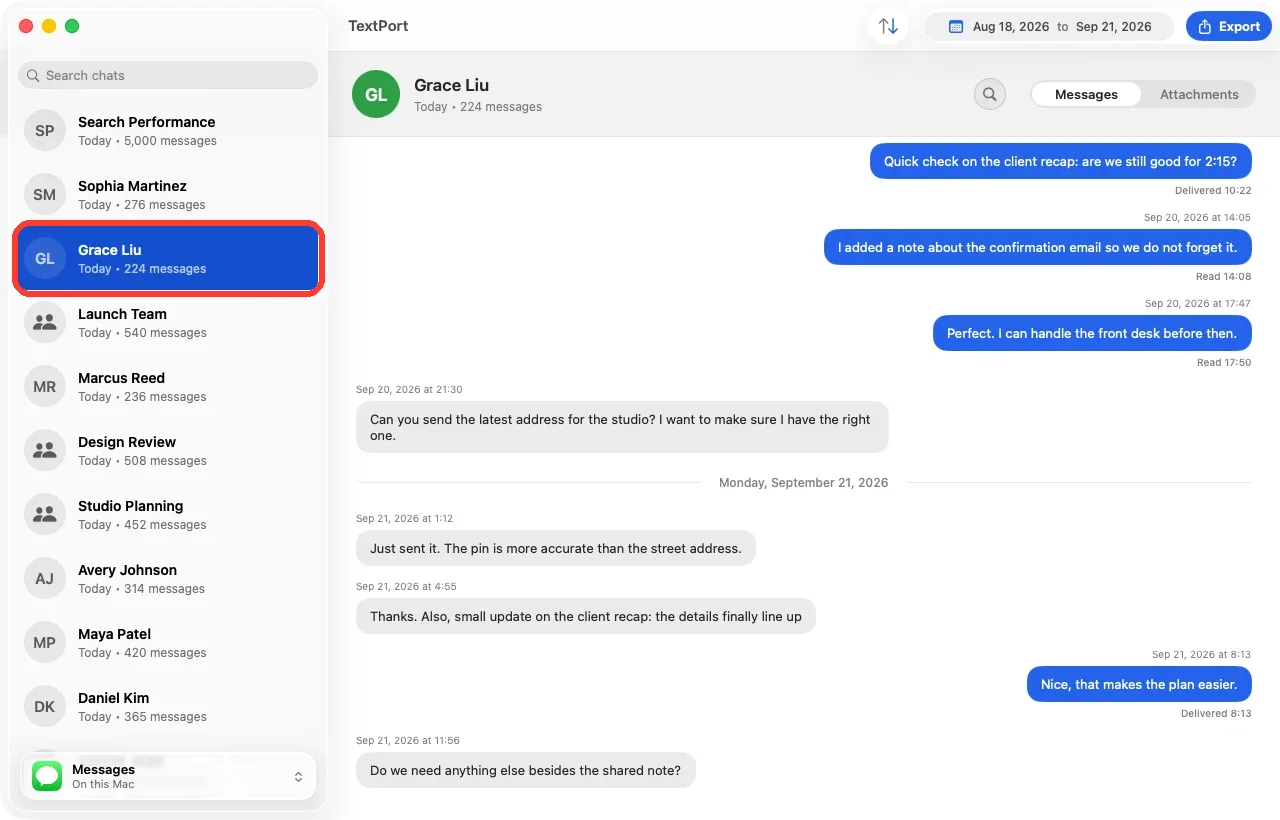 TextPort for Mac with the Grace Liu chat highlighted in the list and its messages on the right