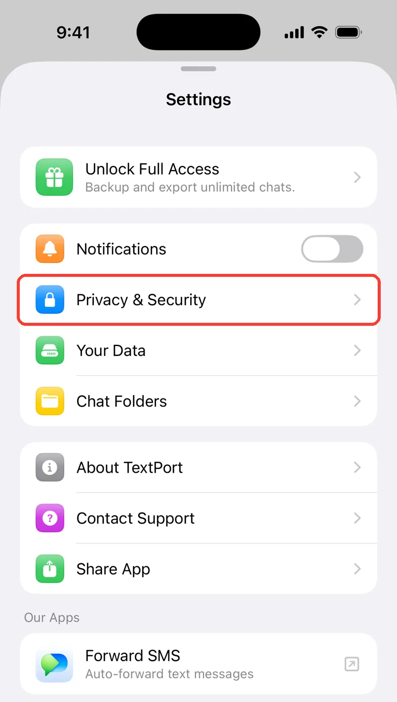 TextPort Settings with Privacy & Security highlighted
