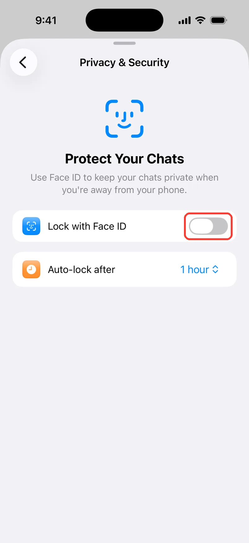 The Privacy & Security screen with the Lock with Face ID switch highlighted. The switch is off