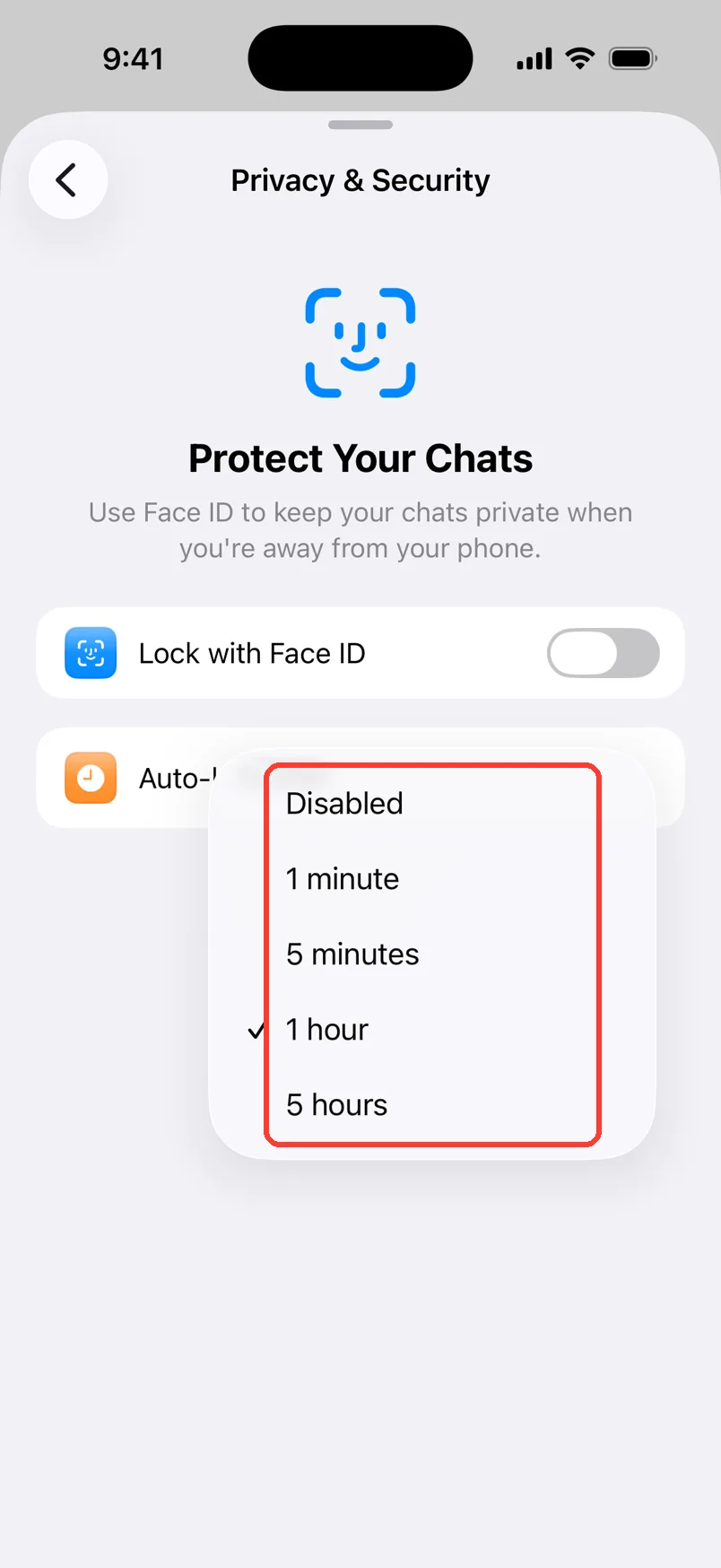 The Auto-lock after list: Disabled, 1 minute, 5 minutes, 1 hour, and 5 hours