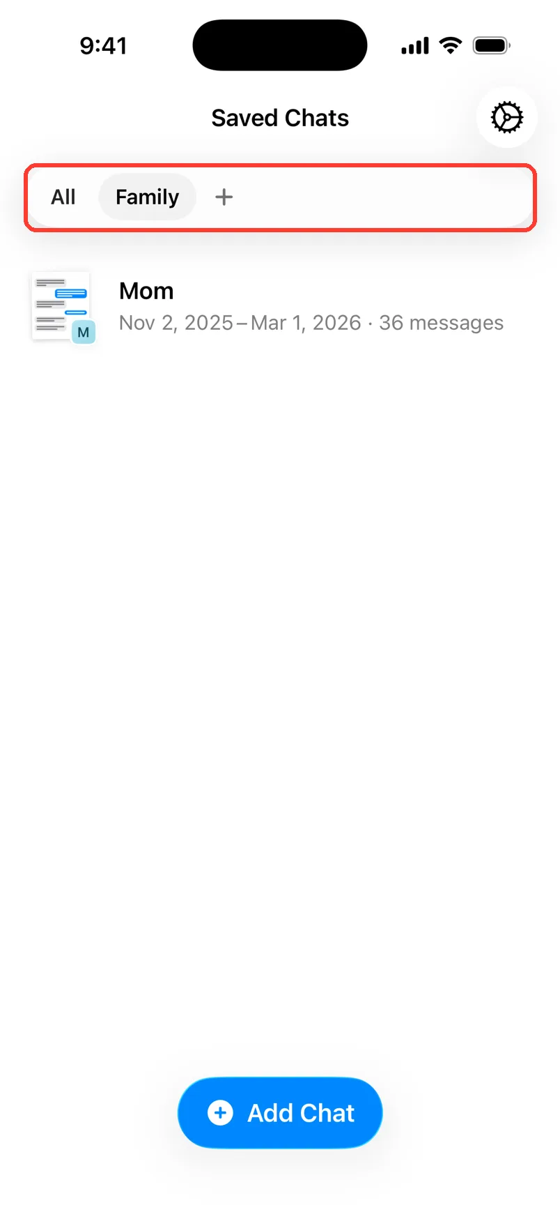 Saved Chats with the folder bar: All, Family, and a plus button. Only the Mom chat shows