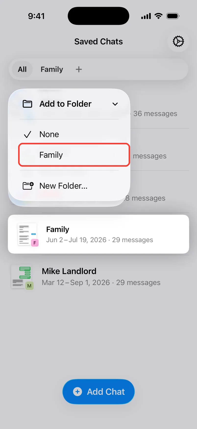 The long press menu on the Family group chat, with the Family folder highlighted