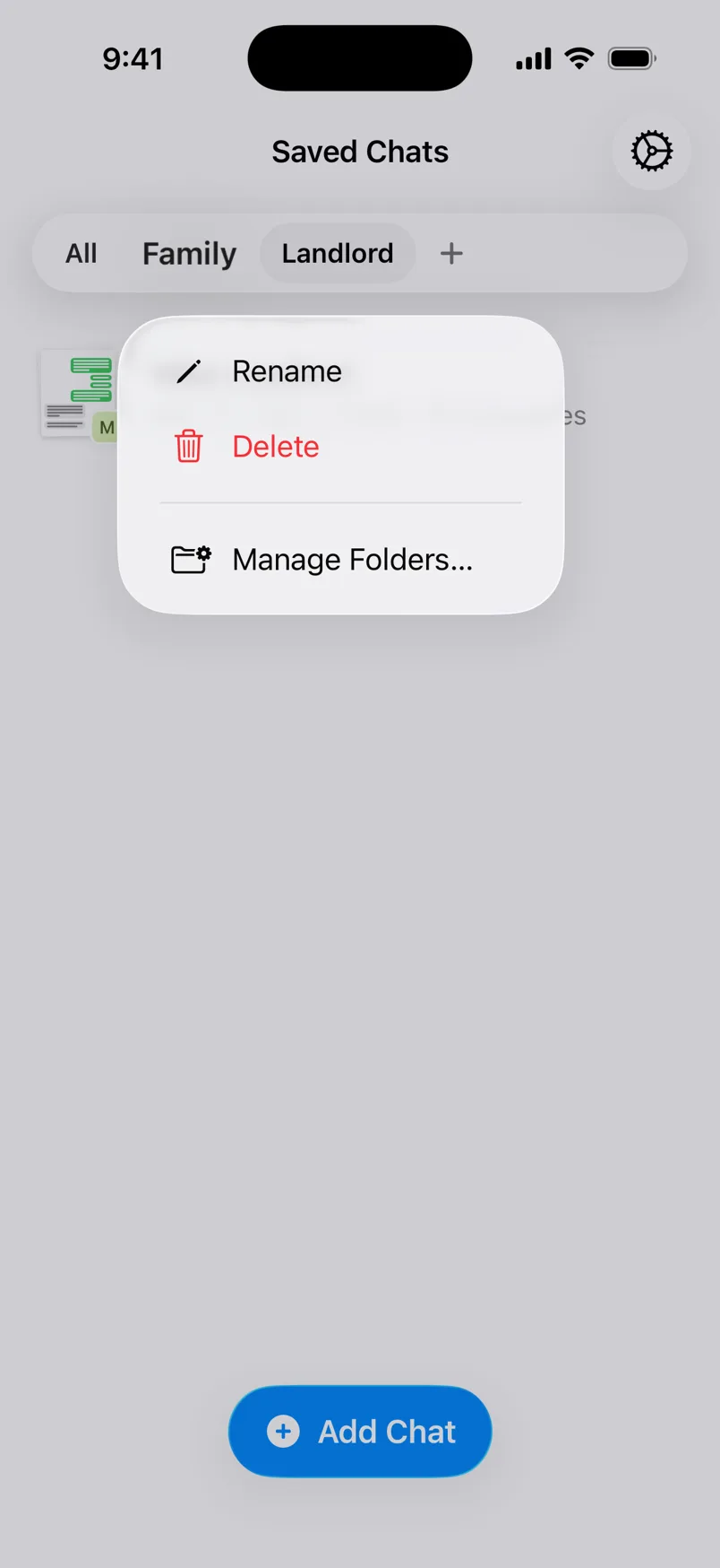 The folder menu with Rename, Delete, and Manage Folders…