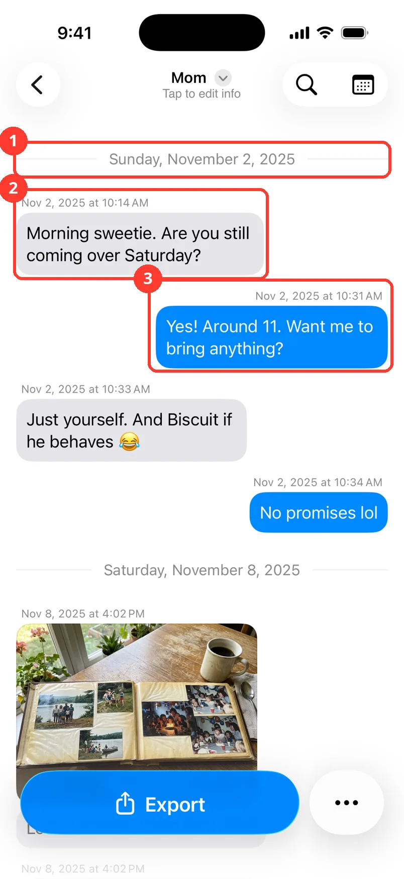 The chat with Mom. The date line, a gray message from Mom with its time, and a blue message from you are marked 1 to 3