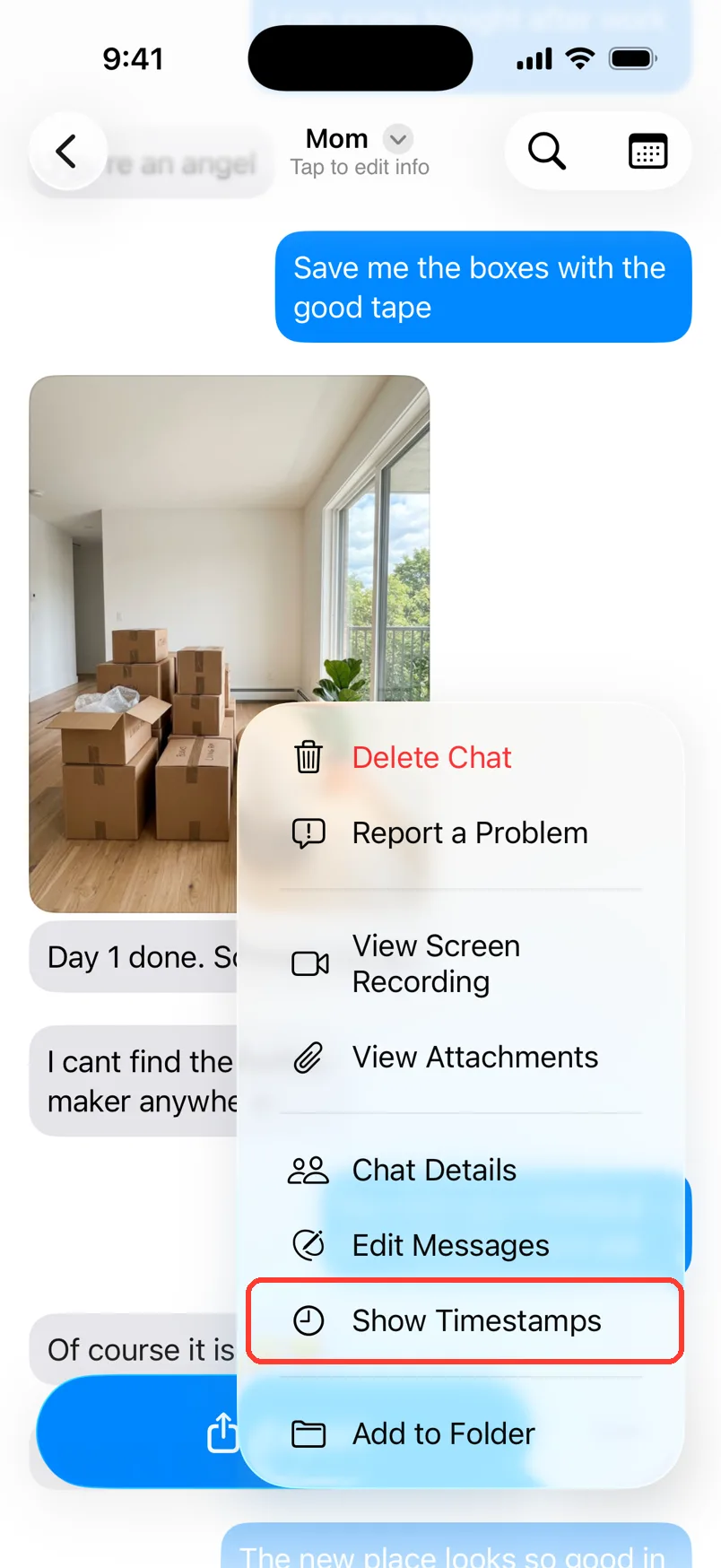 The … menu with Show Timestamps highlighted