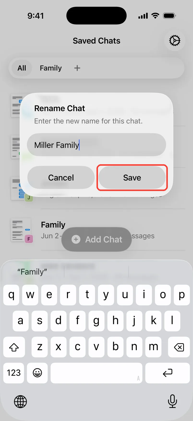 The Rename Chat box with Miller Family typed in and Save highlighted