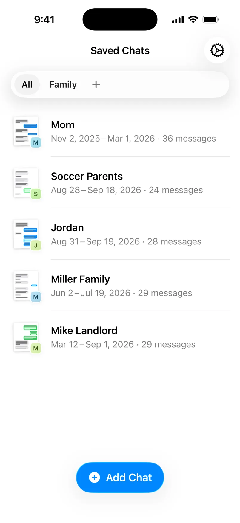 Saved Chats showing the chat with its new name, Miller Family