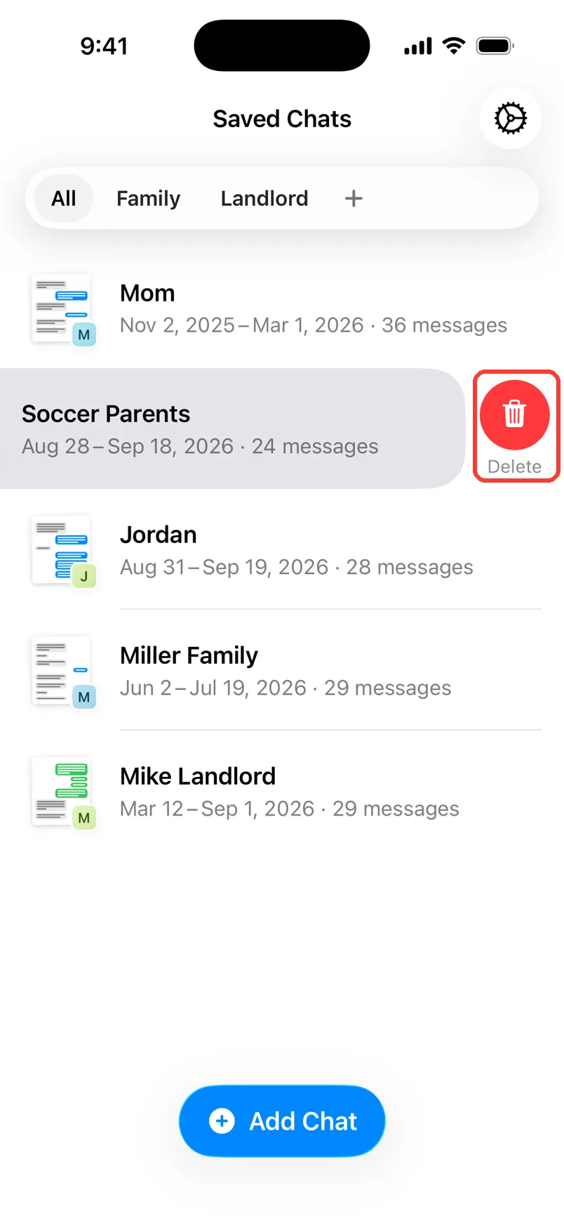 The Soccer Parents row swiped left, with the red Delete button highlighted
