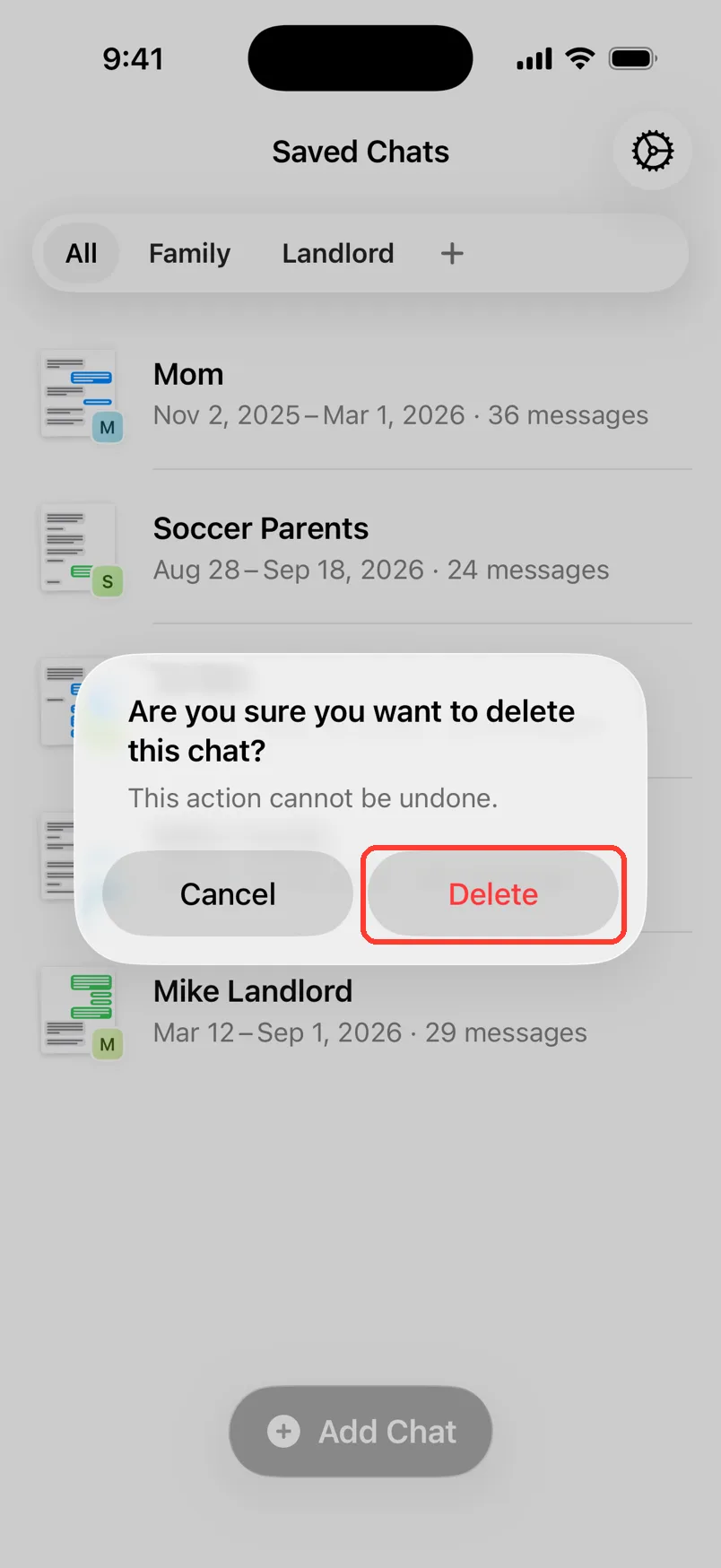 The delete question with Cancel and Delete, Delete highlighted
