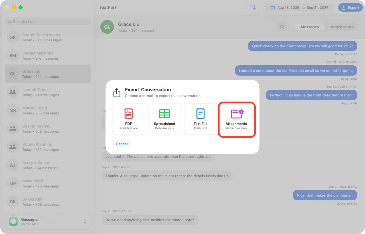 The Export Conversation sheet with the Attachments tile highlighted