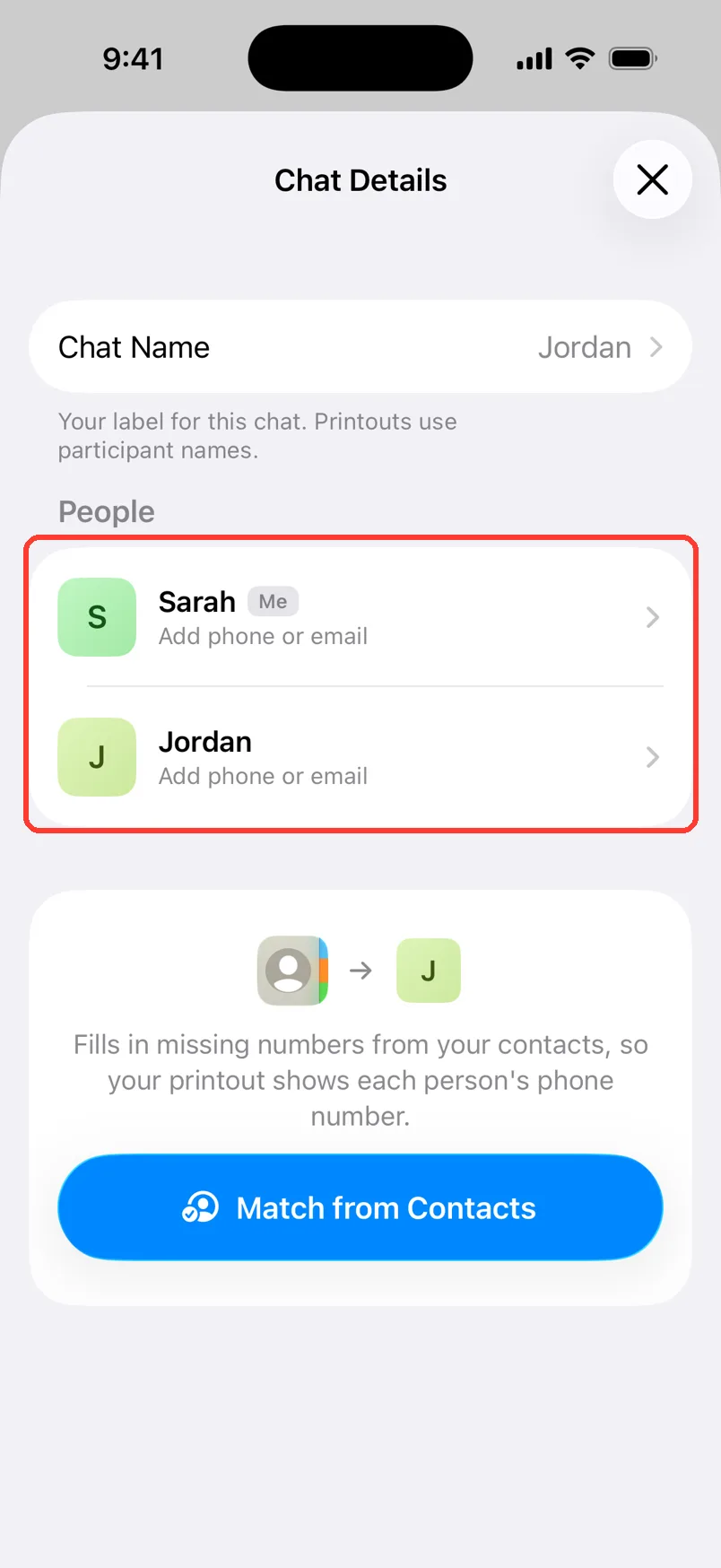 Chat Details for a chat with Jordan, with the people Sarah and Jordan highlighted