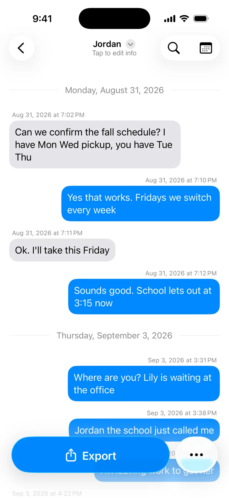 The chat with Jordan, with a date and time over every message