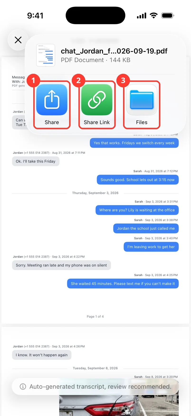 The share card for the Jordan PDF with Share, Share Link, and Files marked 1 to 3