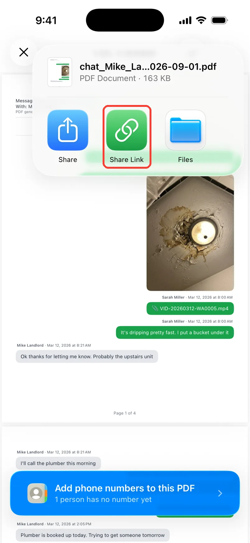 The share card with Share, Share Link, and Files, with Share Link highlighted