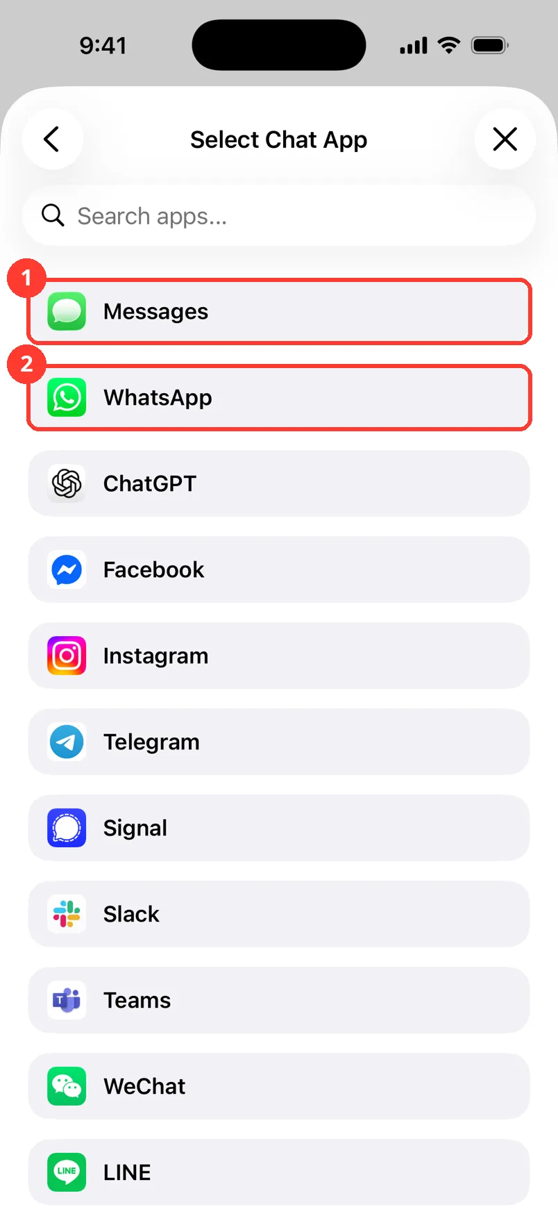 The Select Chat App list with Messages and WhatsApp highlighted
