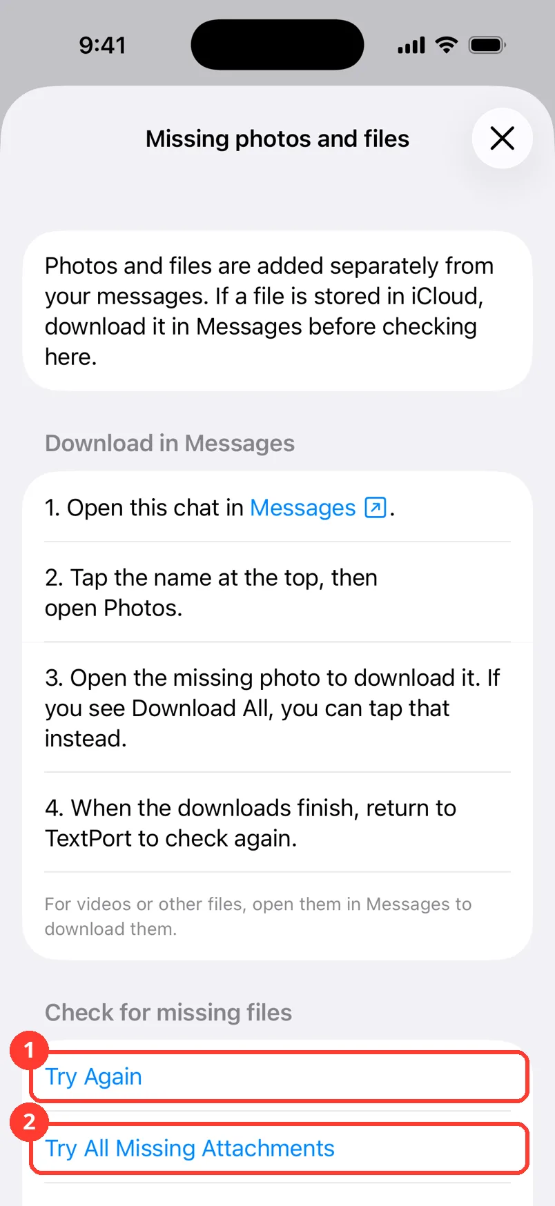 The Try Again and Try All Missing Attachments buttons highlighted