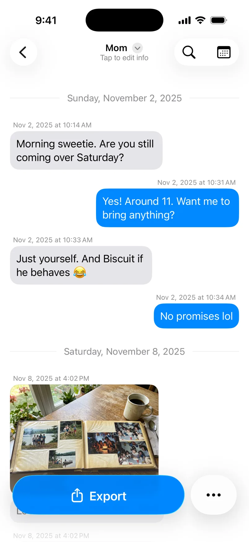 A saved chat in TextPort with message bubbles