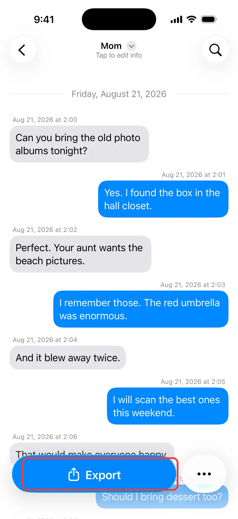 A chat with the blue Export button at the bottom