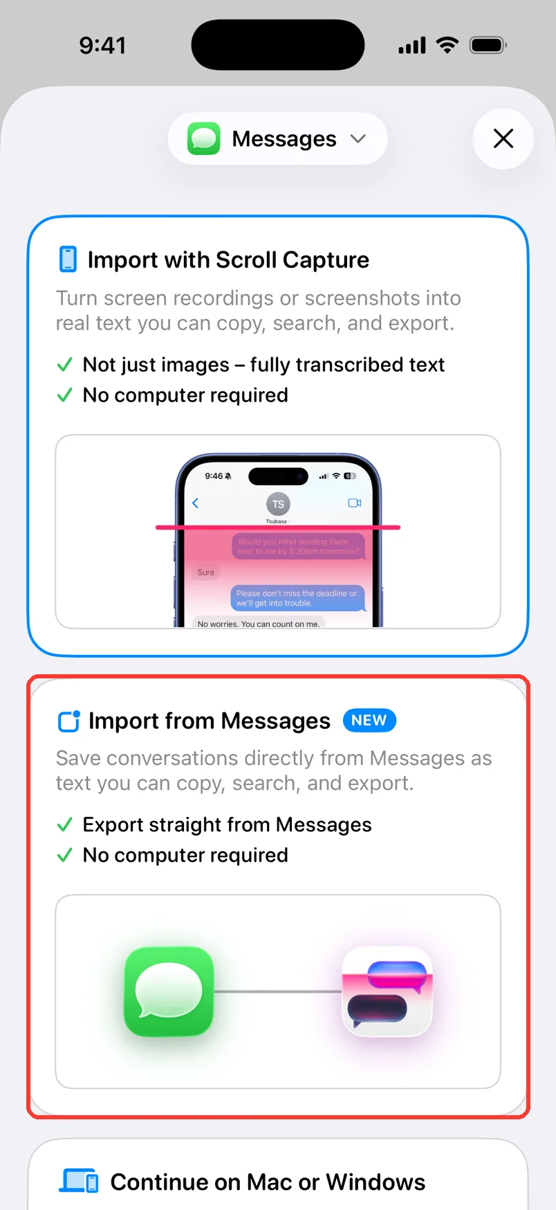 The Add Chat sheet with the Import from Messages card