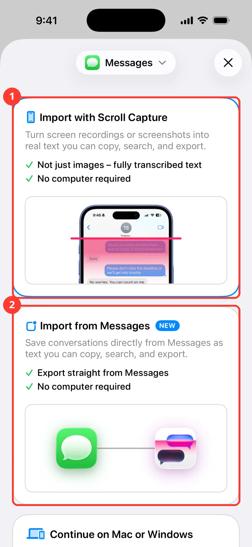The Add Chat sheet showing the import options for Messages