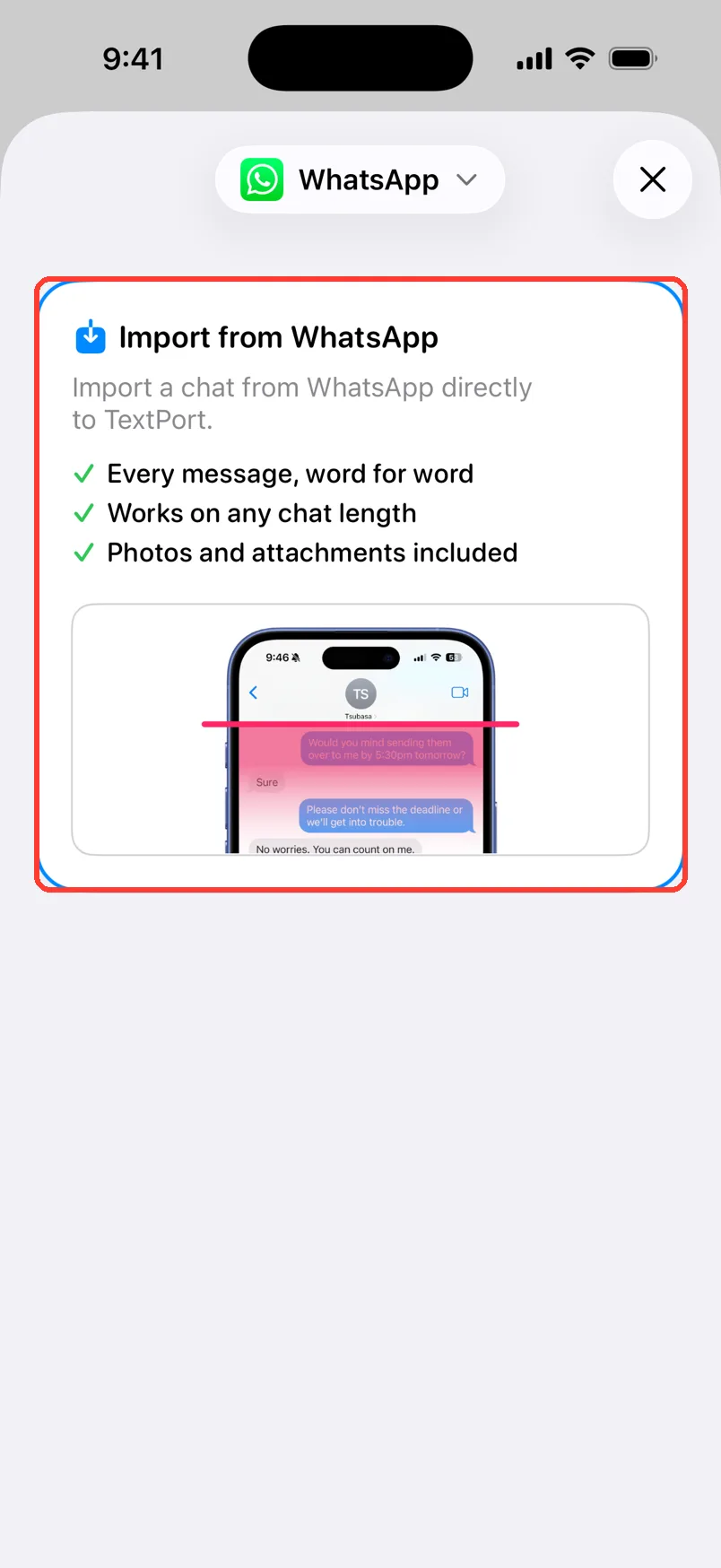 The Add Chat sheet with WhatsApp selected and an Import from WhatsApp card