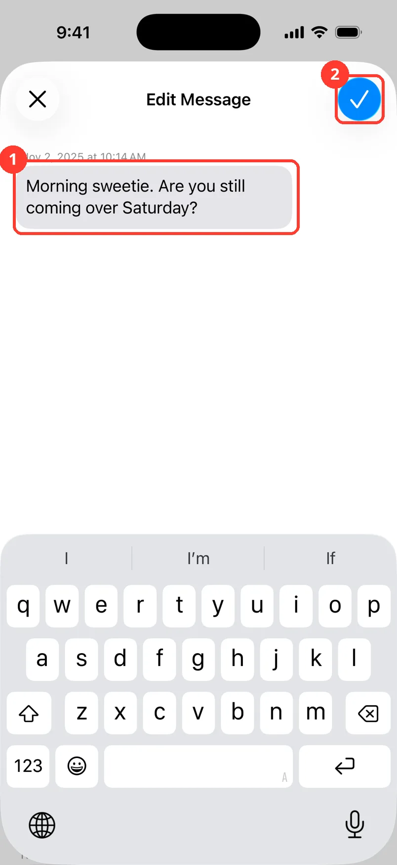 The Edit Message sheet with the text field and the checkmark highlighted