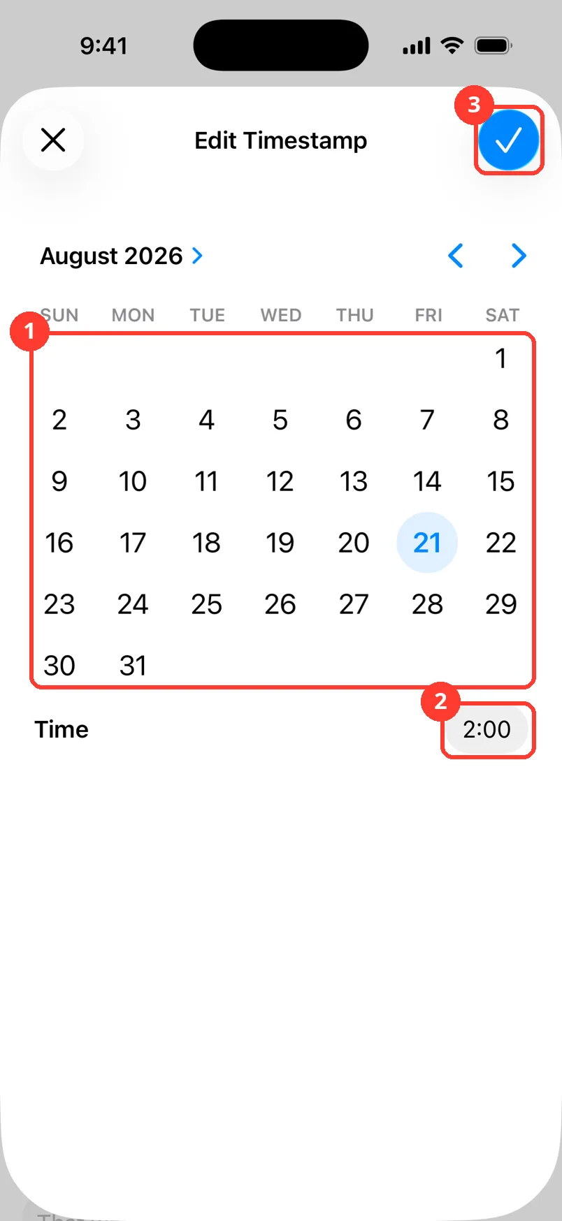 The Edit Timestamp sheet with the calendar, the time, and the checkmark highlighted