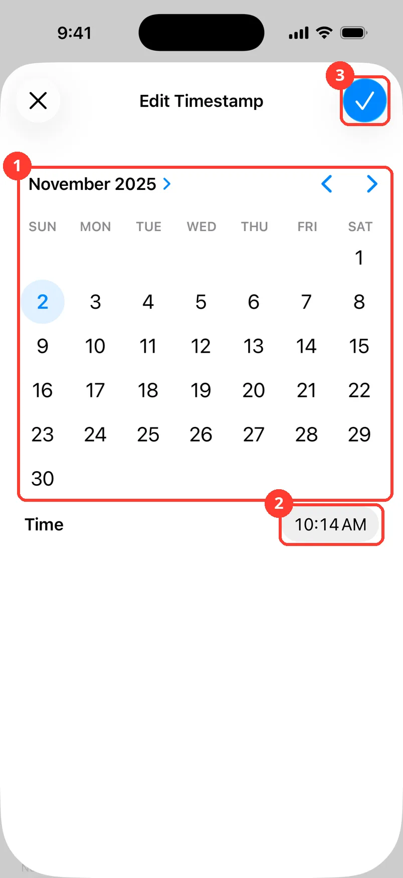 The Edit Timestamp sheet with the calendar, the time, and the checkmark highlighted