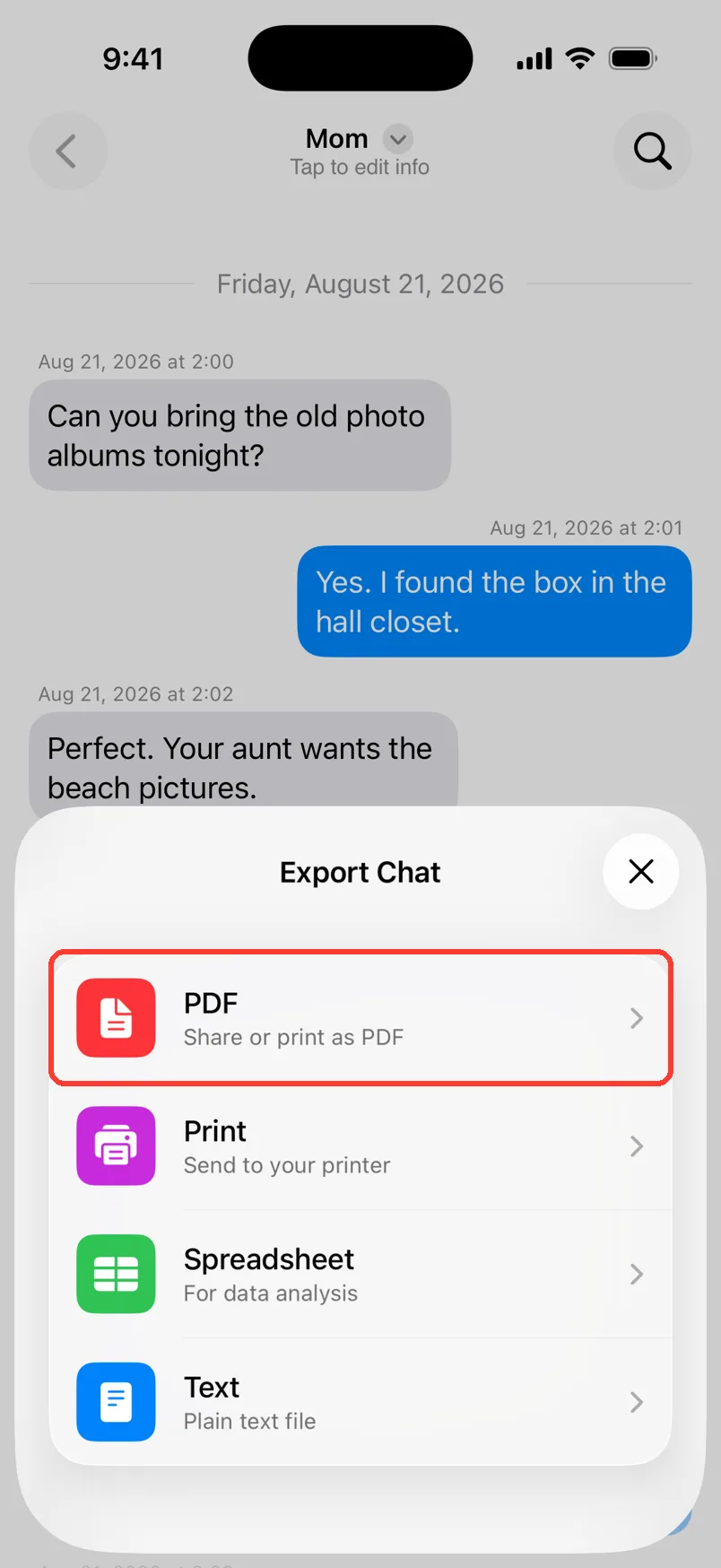The Export Chat sheet with PDF, Print, Spreadsheet, and Text