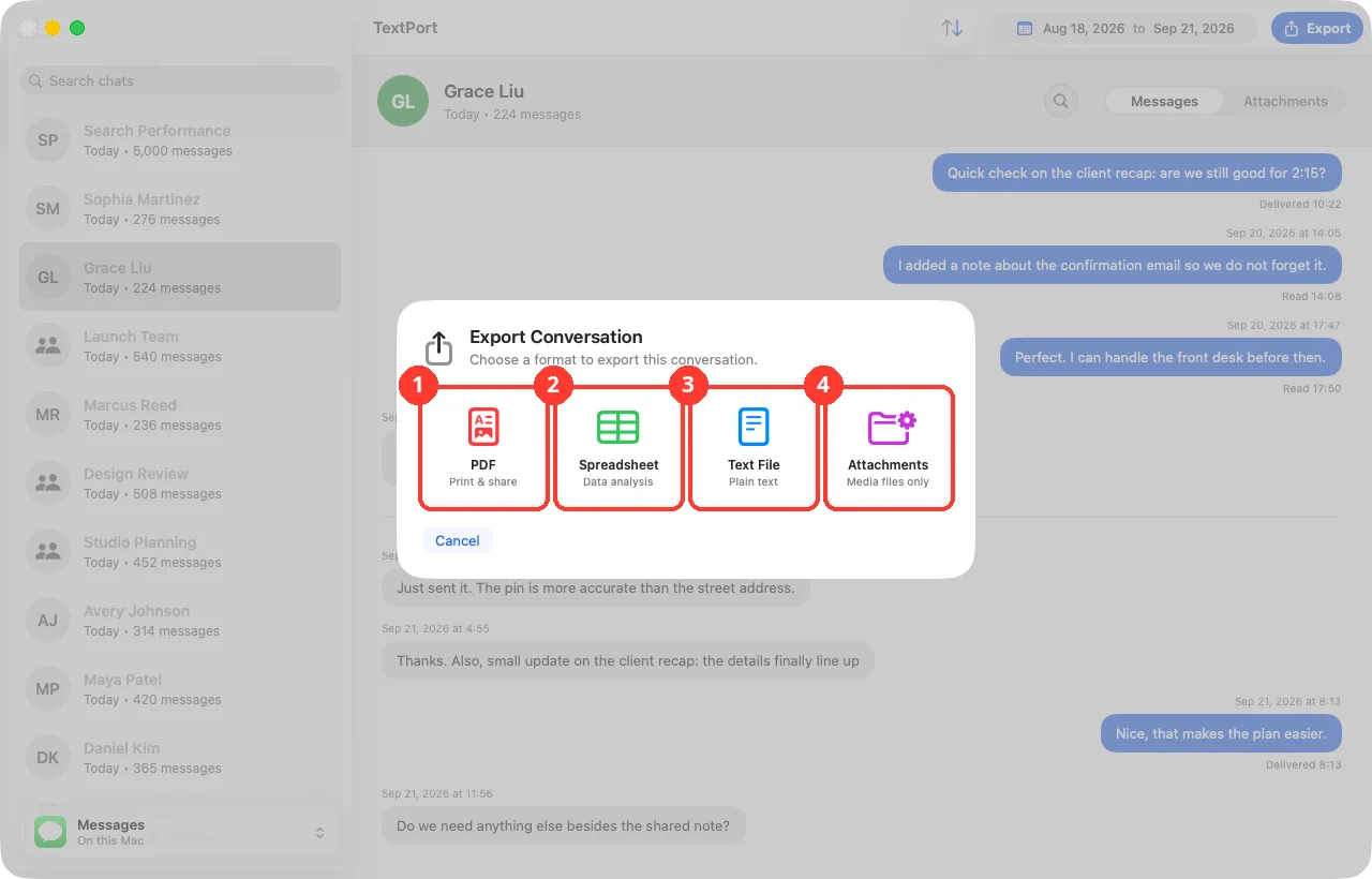 The Export Conversation sheet with PDF, Spreadsheet, Text File, and Attachments