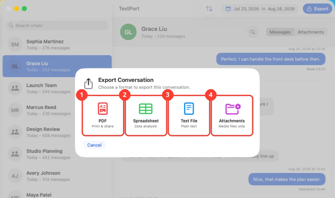 The Export Conversation sheet with PDF, Spreadsheet, Text File, and Attachments