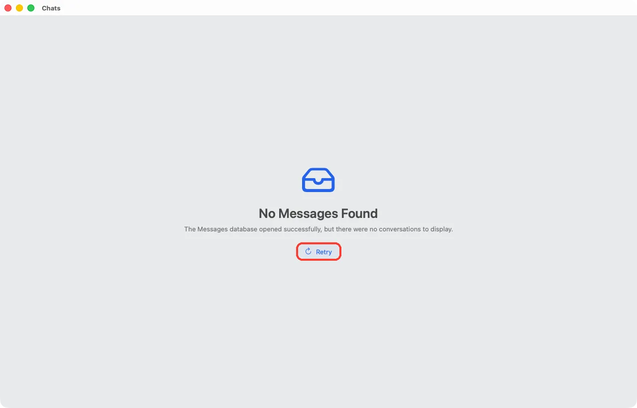 The No Messages Found screen with the Retry button highlighted