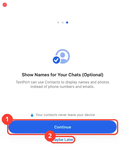 The Show Names for Your Chats step with Continue and Maybe Later highlighted