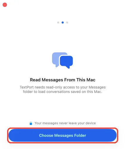 The Read Messages From This Mac step with the Choose Messages Folder button highlighted