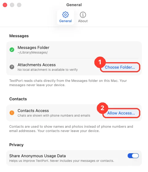 TextPort Settings, General tab, with Choose Folder and Allow Access highlighted