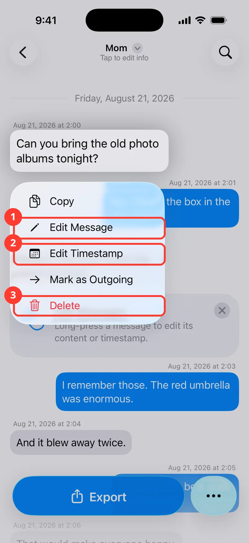 The long-press menu with Edit Message, Edit Timestamp, and Delete highlighted